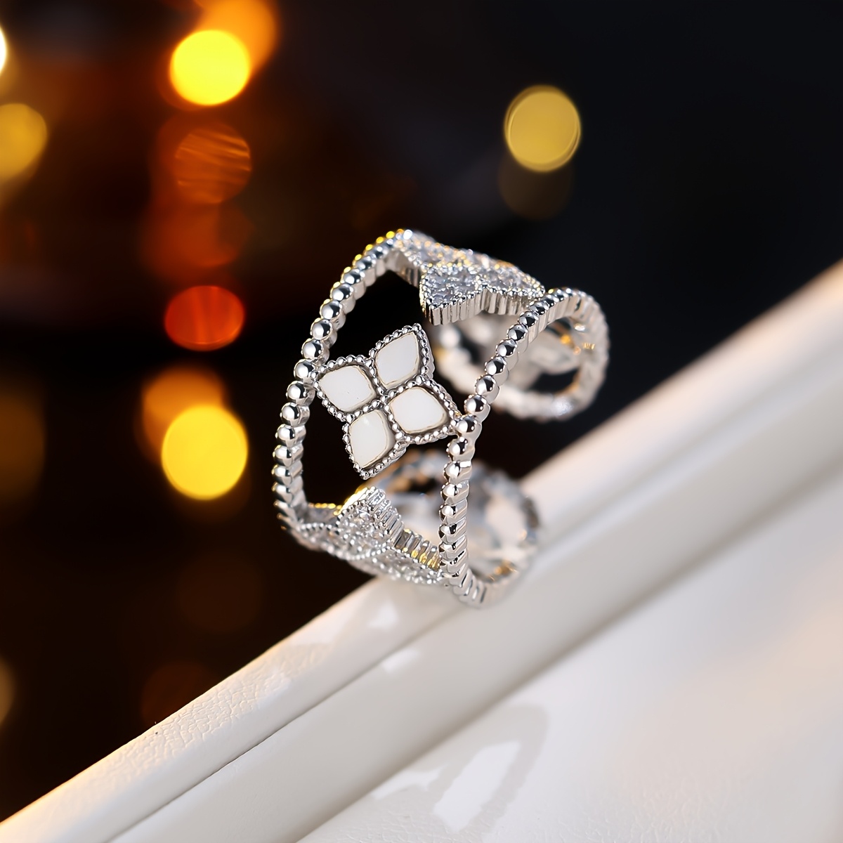 Women's Retro Four-Leaf Clover Open Ring, Unique Design